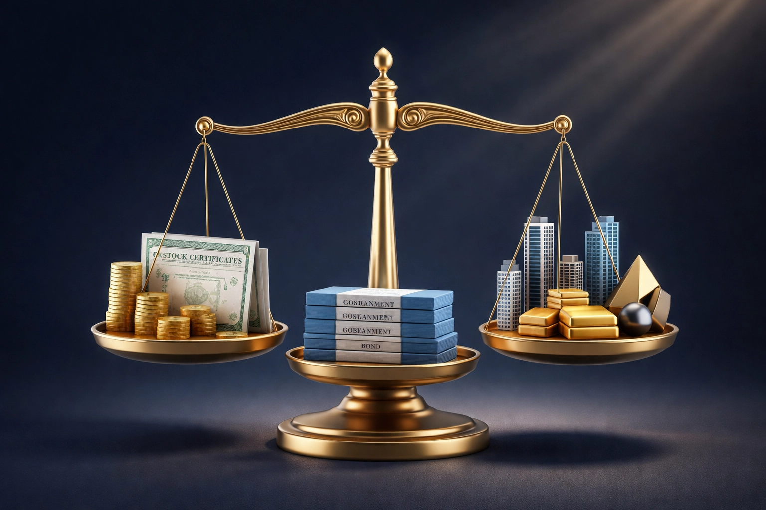 Balanced investment scale illustrating public equities, fixed income, and alternative assets for a 40/30/30 portfolio model