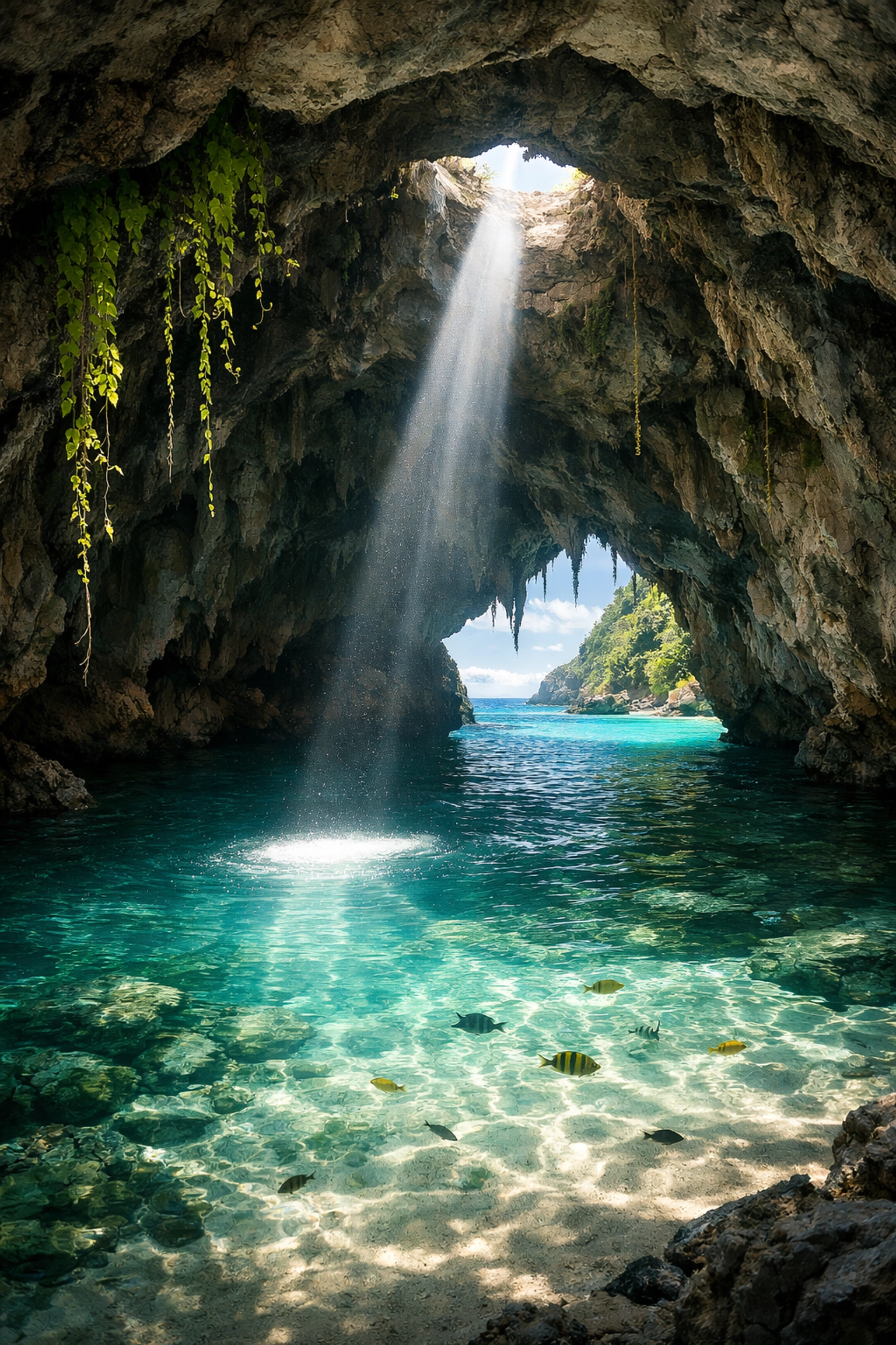 A hidden tropical lagoon inside a sea cave highlighting unique locations for stunning landscape photography.