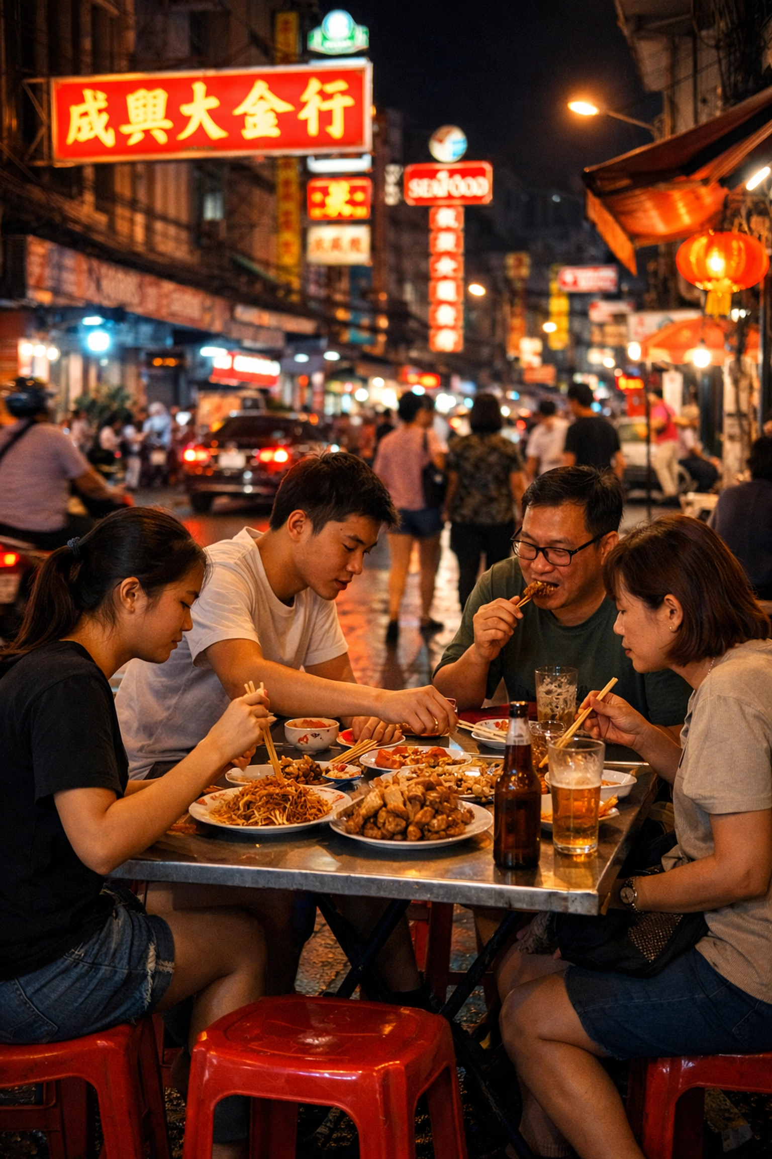 Dining on red stools in Yaowarat Chinatown, a legendary location for Bangkok street food and best cheap eats.