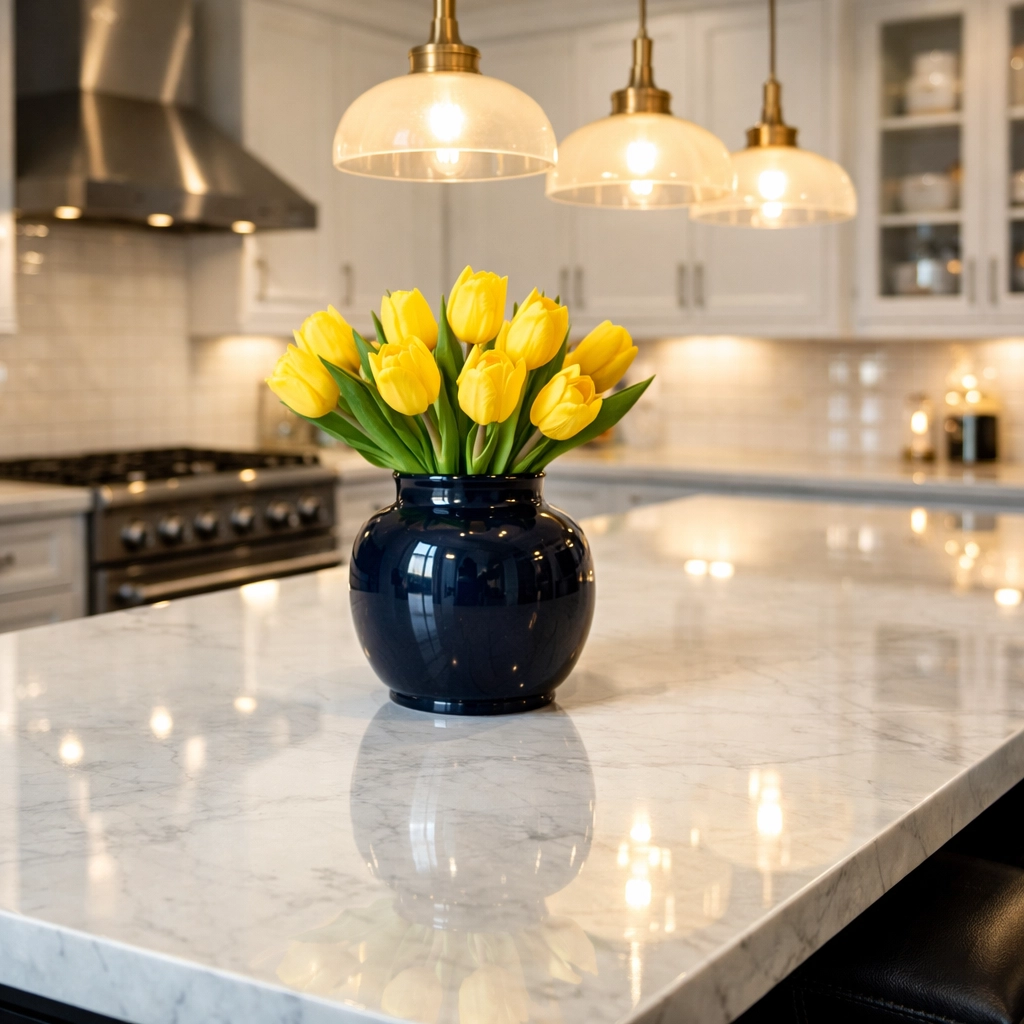 Pristine luxury kitchen in Westborough showing the zero build-up effect of weekly house cleaning services.
