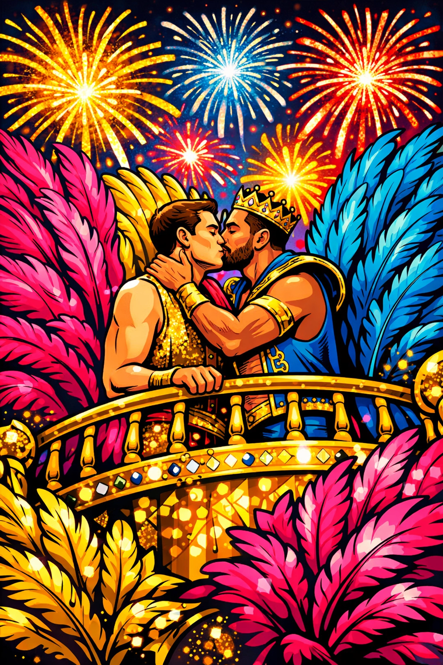 Two men kissing on Rio Carnival float celebrating LGBTQ+ love and gay romance