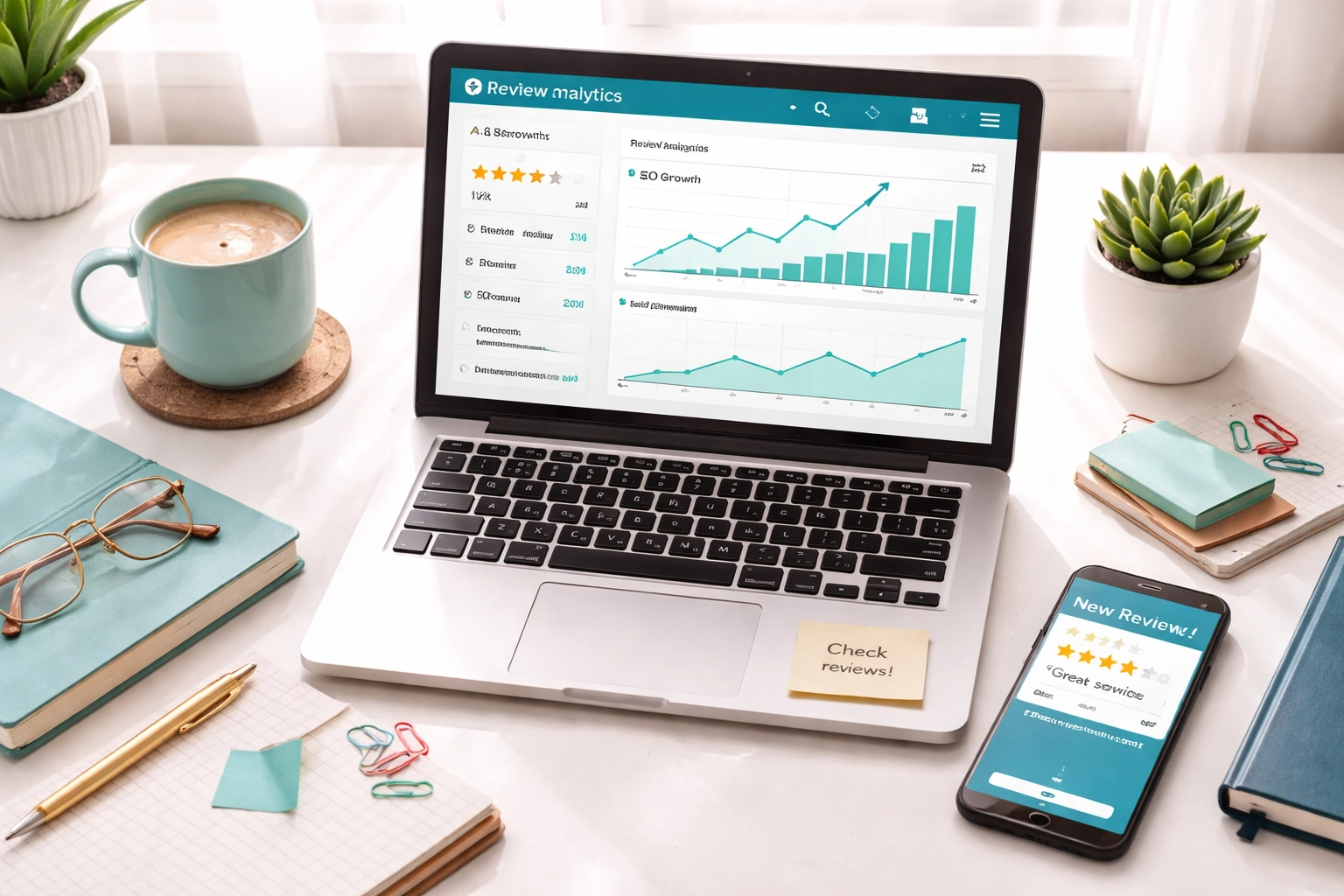 Small business workspace with review analytics dashboard and 5-star rating notification for SEO growth