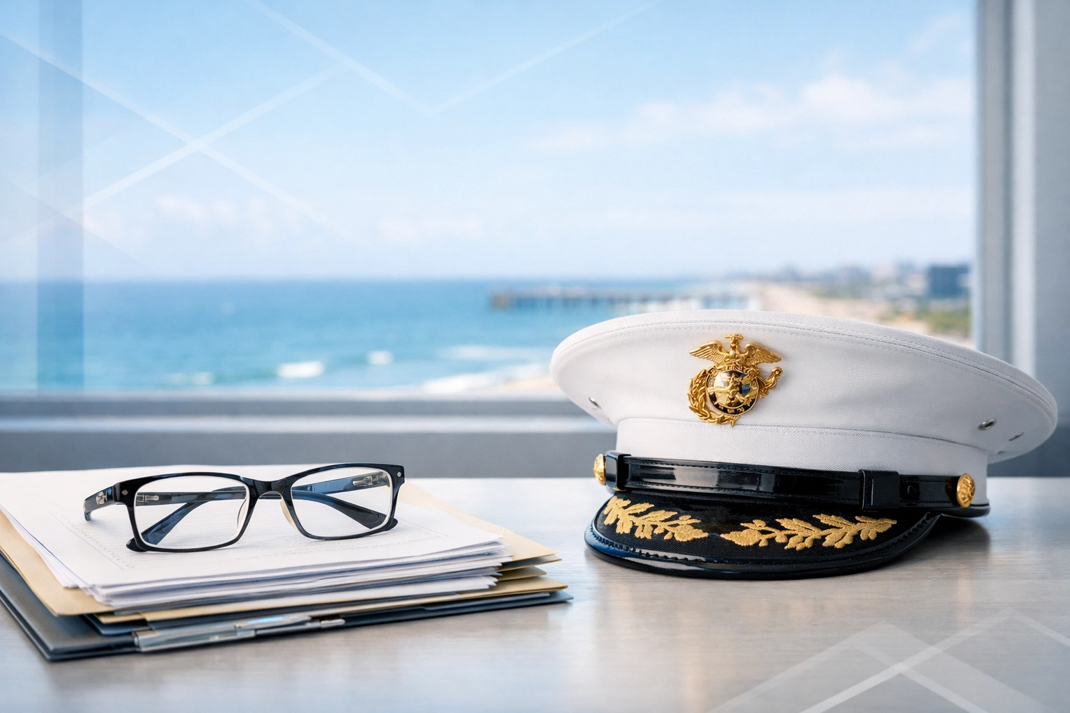 Coastal Virginia Law office desk with military cap and legal documents for complex military divorces.