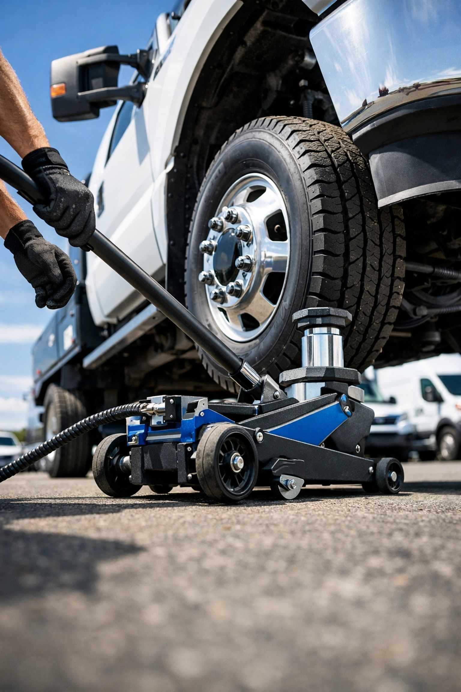Mobile mechanic lifting commercial fleet truck with hydraulic jack in business parking lot