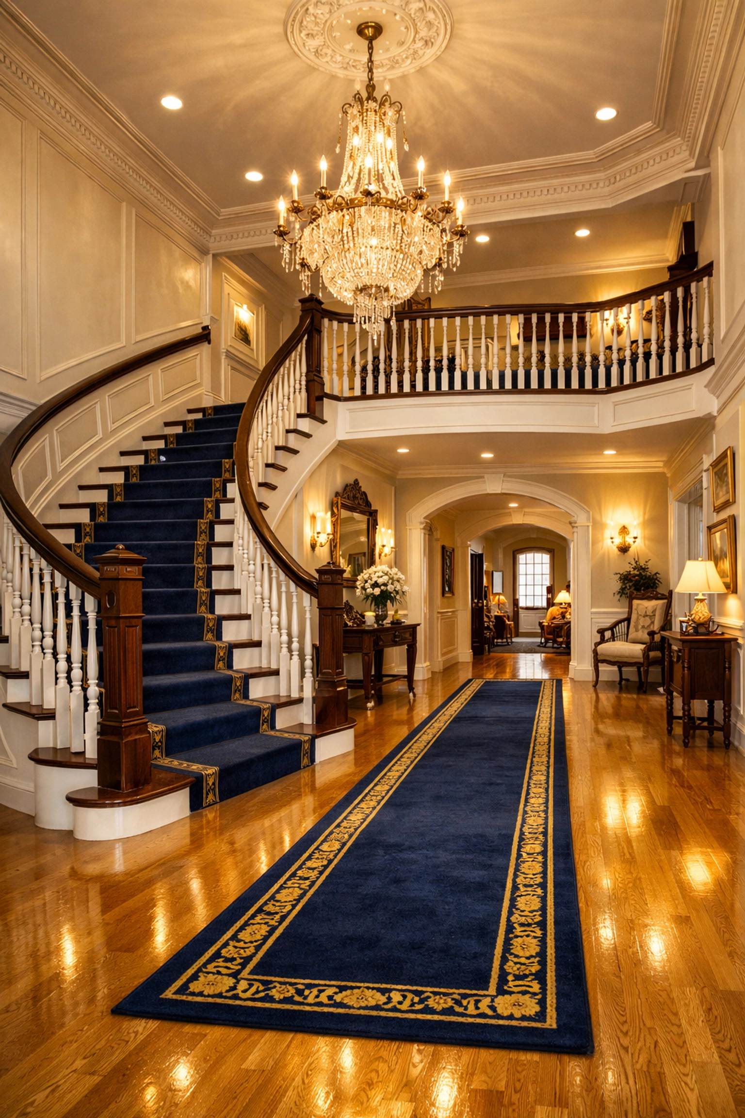 Grand foyer of a Boxford mansion with polished light oak floors reflecting professional estate cleaning.