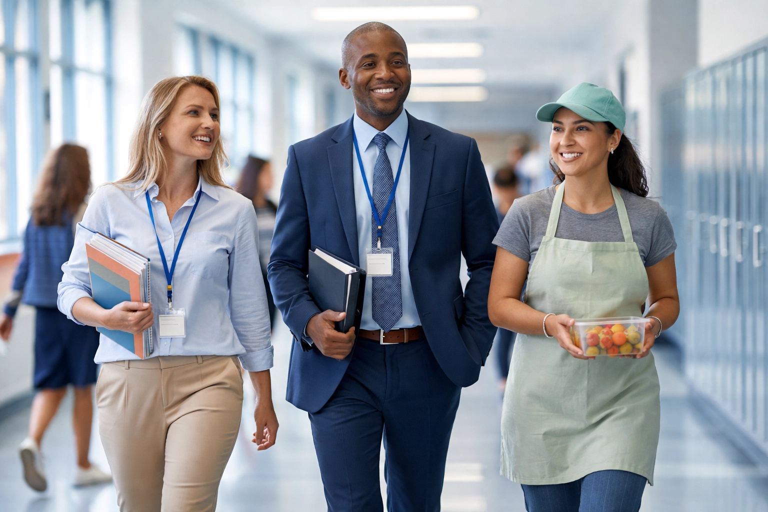 Diverse school district staff walking through hallway representing benefits enrollment challenges
