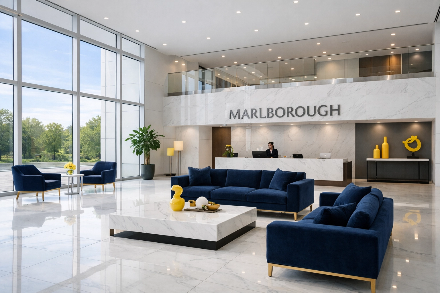 Clean Marlborough corporate lobby with polished marble floors and professional interior design.