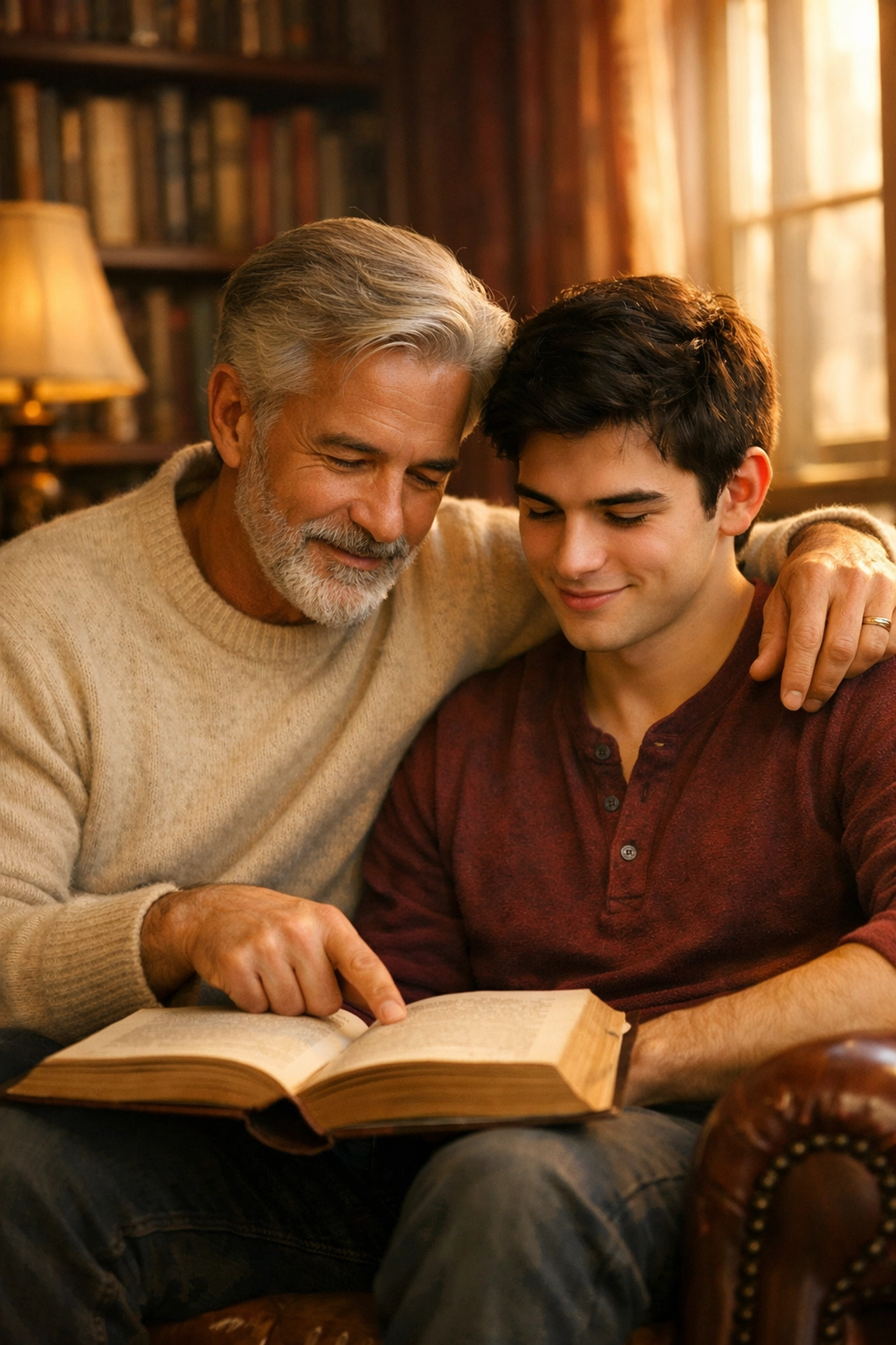 Older man and younger man sharing intimate moment in library - MM romance age gap relationship