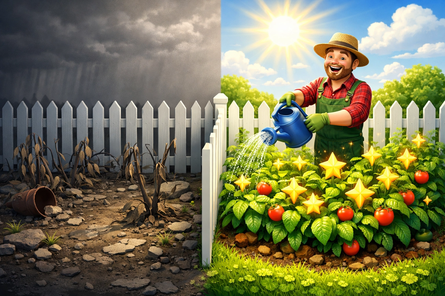 A gardener tending to a thriving garden with star-shaped flowers, representing organic Google review growth.