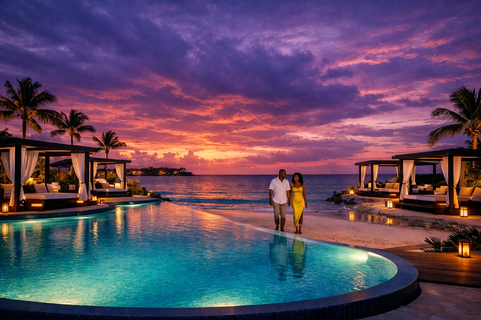 Luxury Caribbean adults-only resort at sunset, a top recommendation from an Omaha travel agent for custom trips.