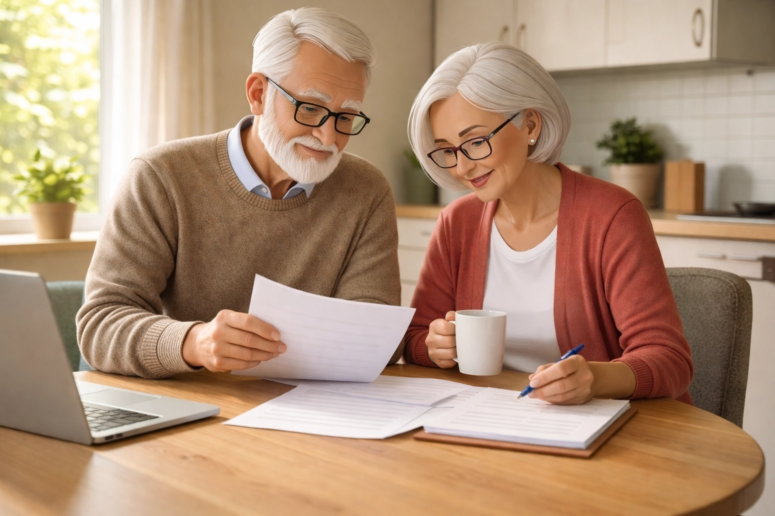 Senior couple reviewing final expense insurance paperwork at kitchen table for end-of-life planning Senior couple reviewing final expense insurance paperwork at kitchen table for end-of-life planning