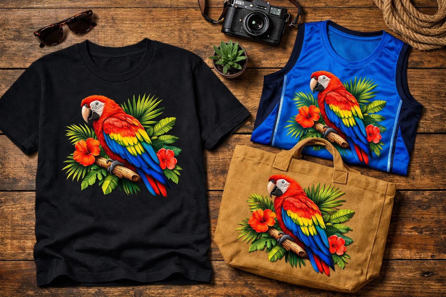 A parrot logo printed on cotton, polyester, and canvas using DTF printing services.