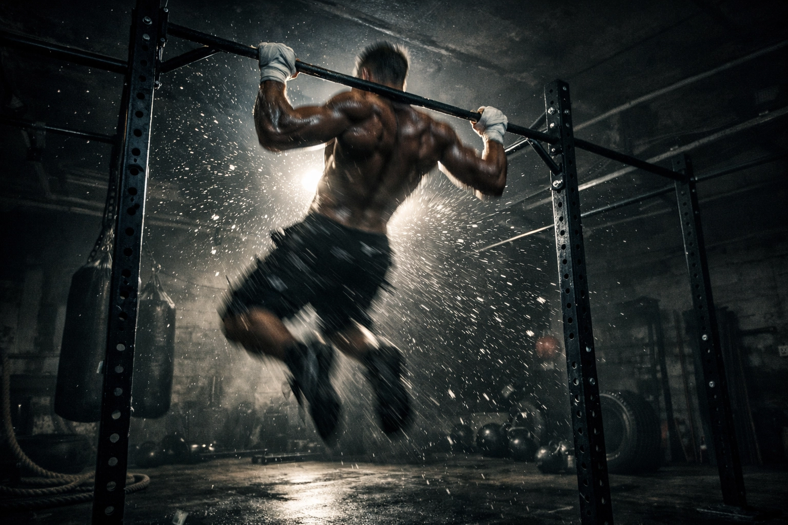 MMA fighter training explosive pull-ups on floor-to-ceiling calisthenics system in garage gym