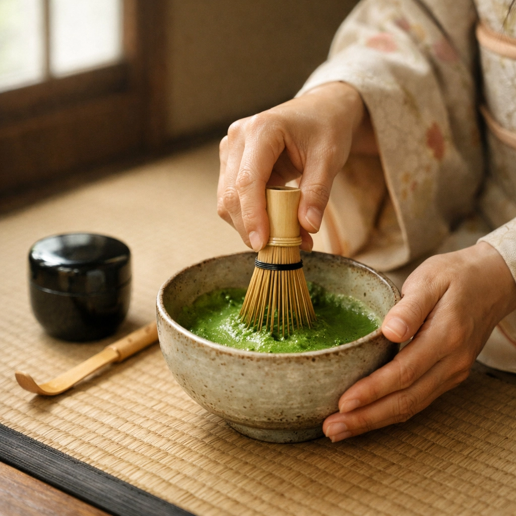 Traditional matcha tea ceremony in Tokyo, a popular cultural add-on for food tour visitors.