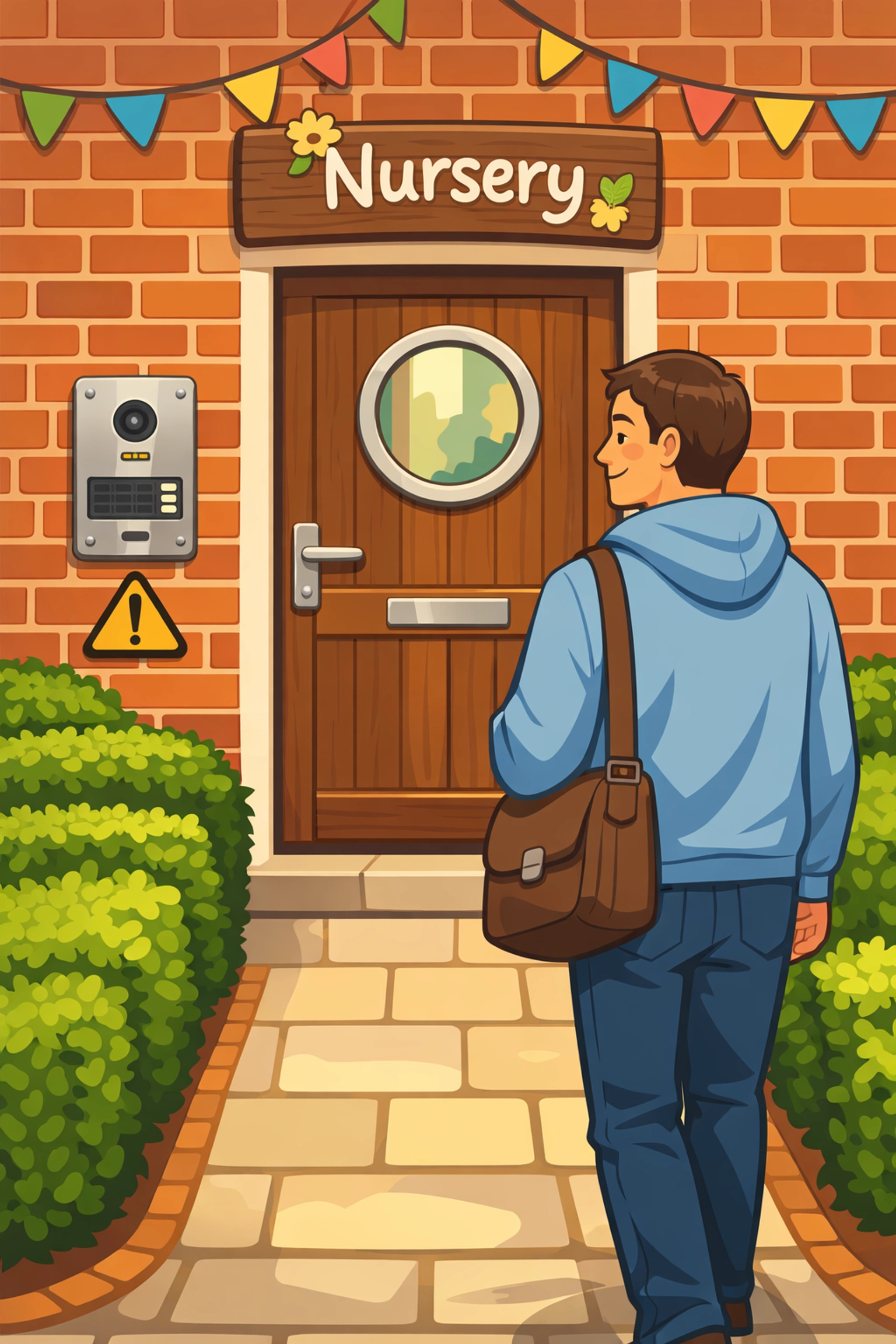 Parent entering a pre-school with a modern intercom system, ensuring nursery security and peace of mind.