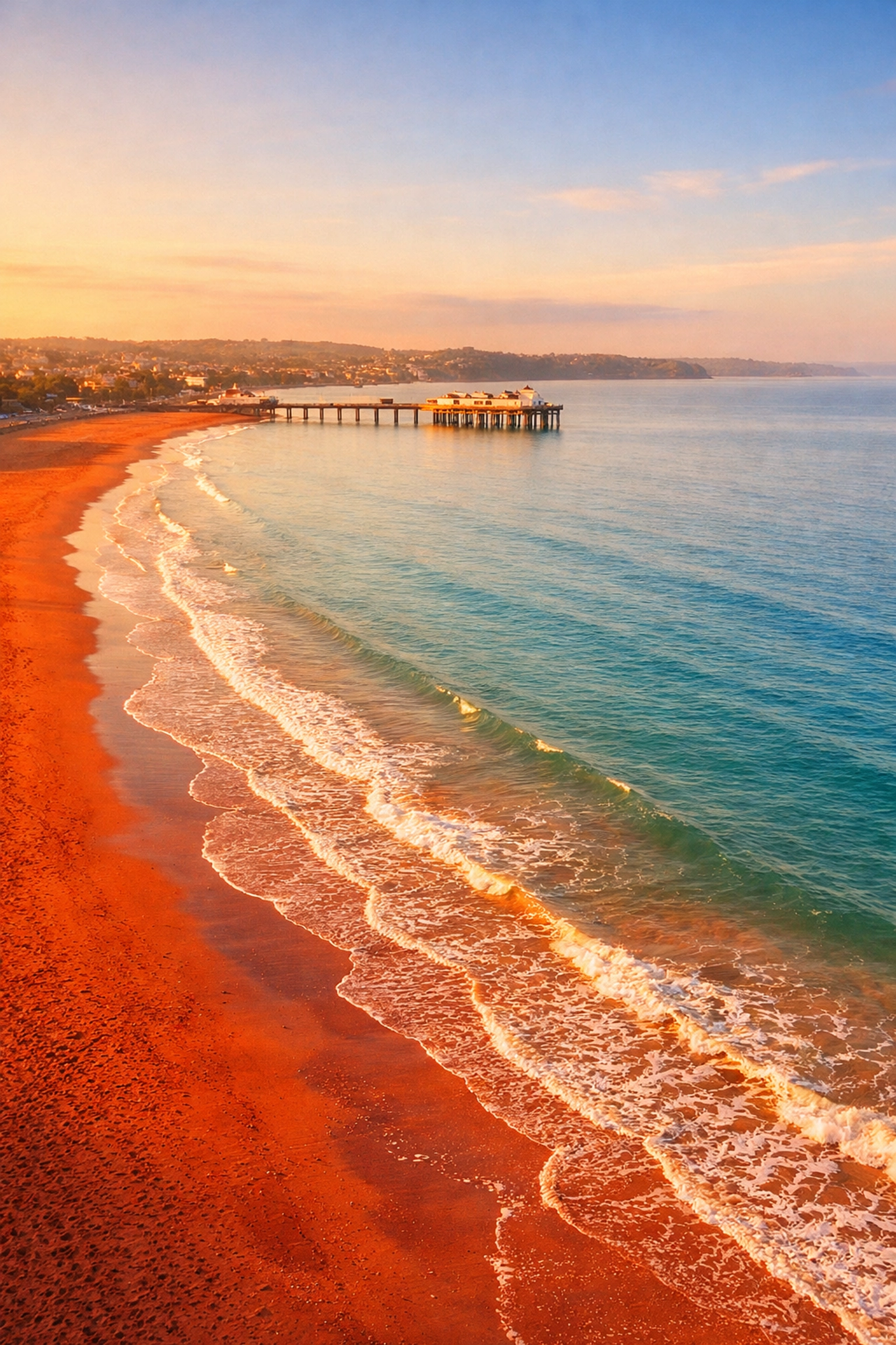 Scenic aerial view of Paignton Sands and pier at sunset for a peaceful scattering ashes ceremony.