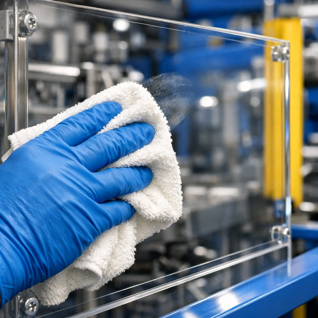 Professional cleaning of a clear polycarbonate machine guard using specialized industrial cleaning agents.