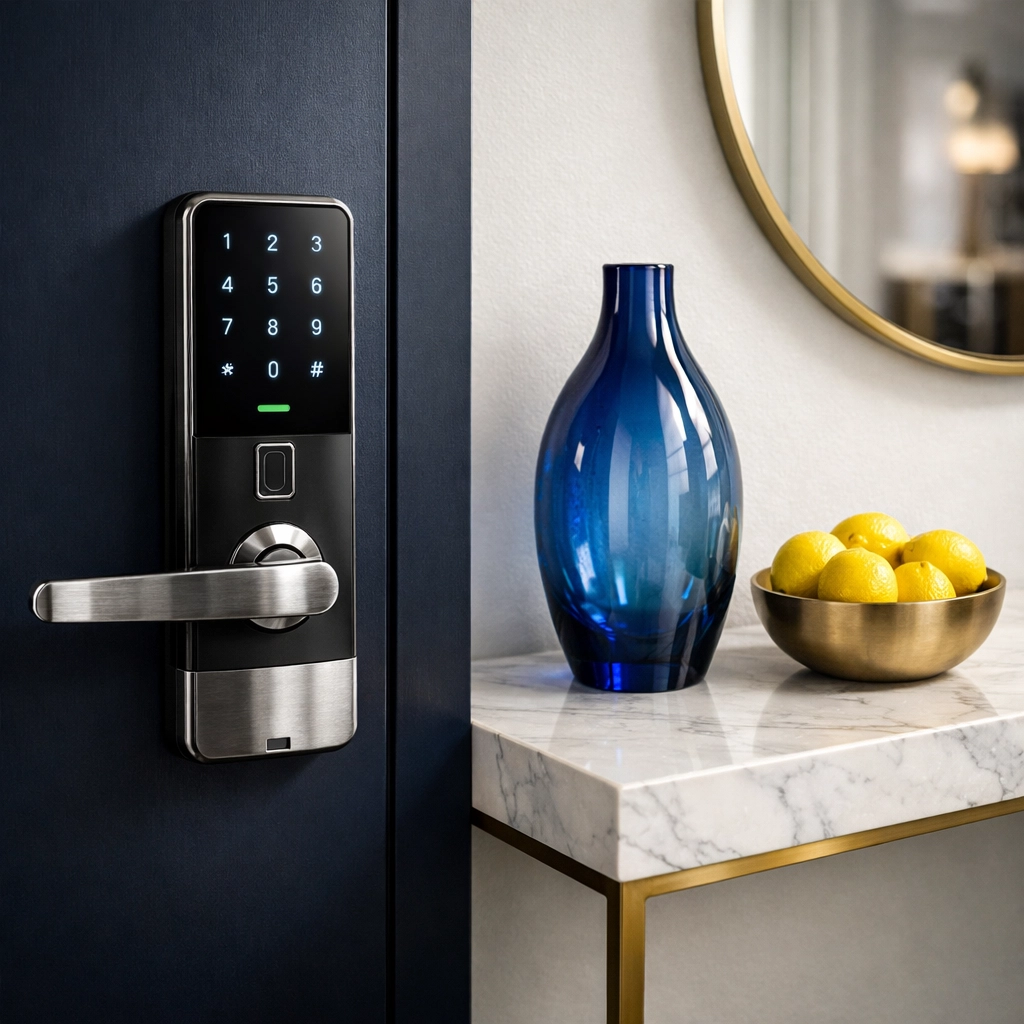 Luxury apartment entrance in Lowell featuring a smart lock for secure access by professional maid services Lowell.