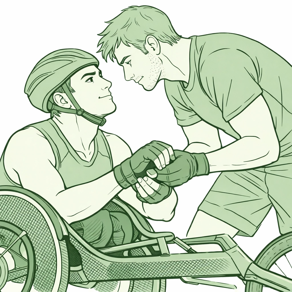 Close-up of two gay athletes sharing a romantic moment of support during wheelchair racing training.