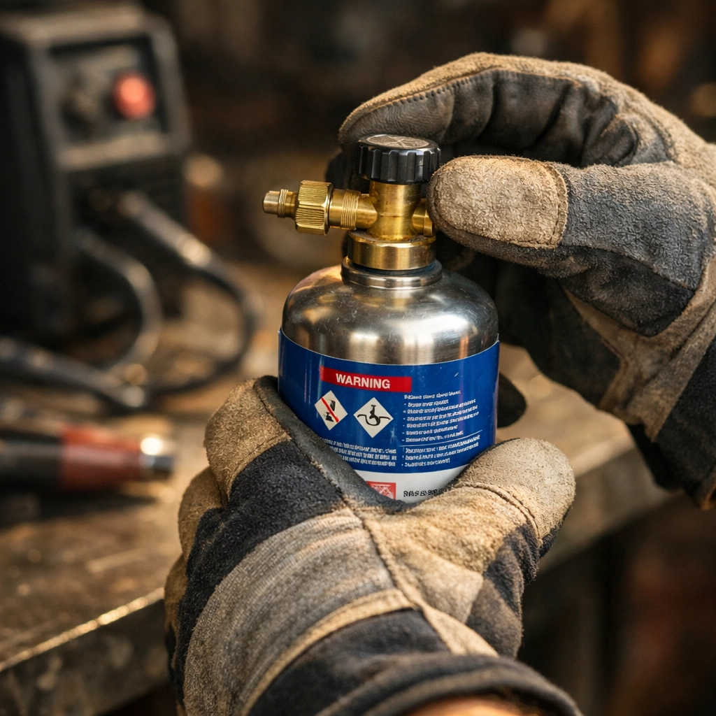 Hands safely handling disposable welding gas cylinder in home workshop with protective gloves