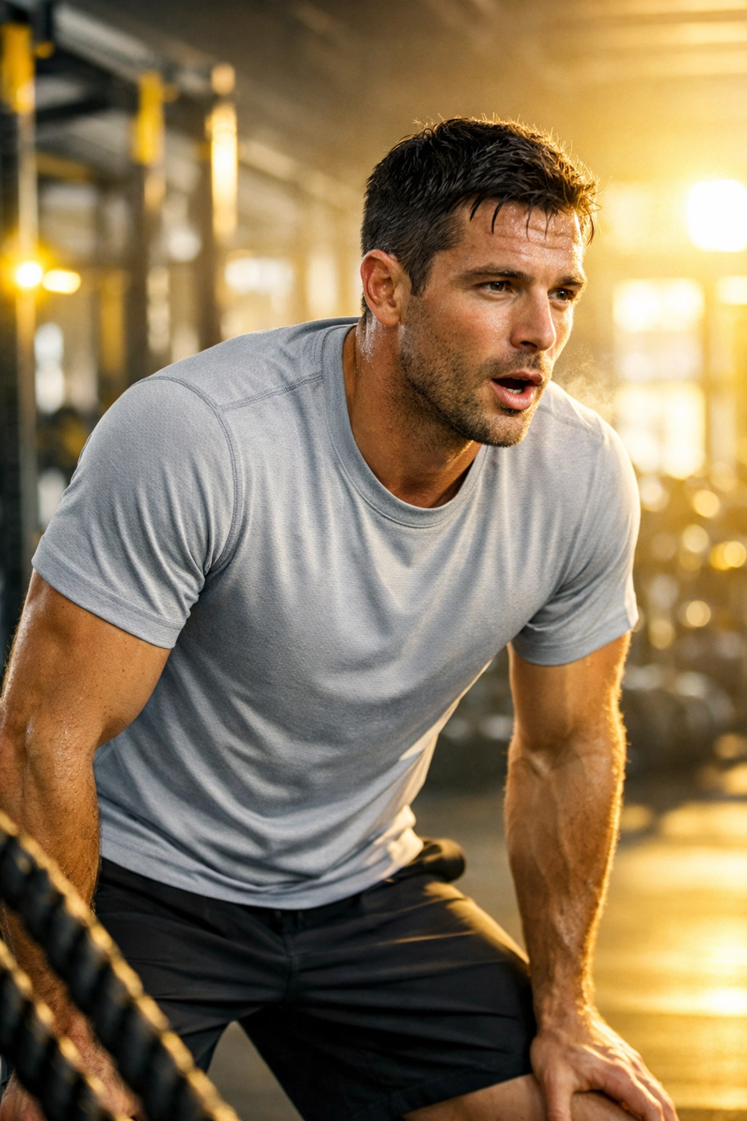 Athlete training with battle ropes wearing moisture-wicking custom gear for optimal sweat management.