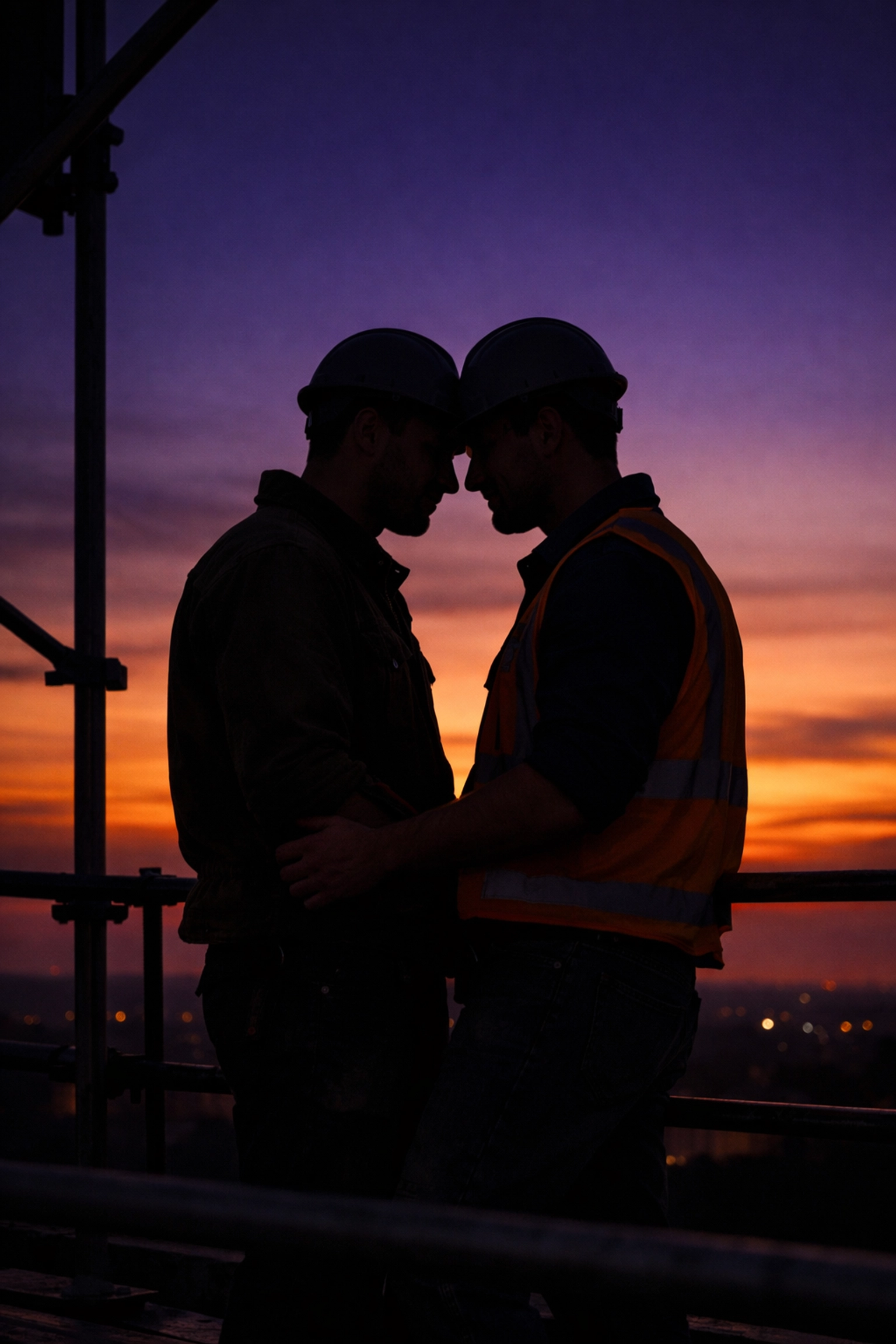 Silhouetted male builders sharing a romantic moment on a scaffold at sunset, capturing the essence of MM fiction.