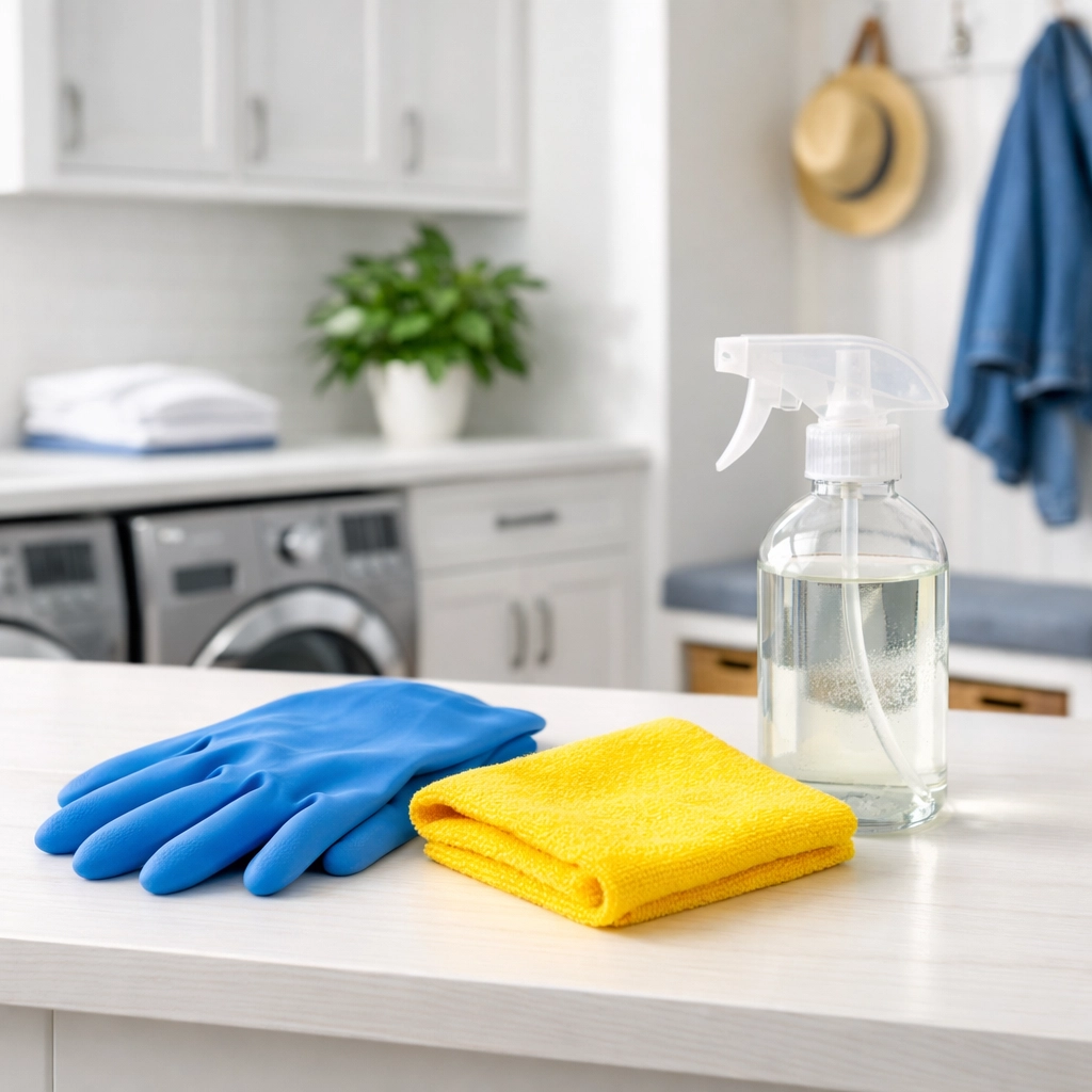 Eco-friendly cleaning supplies for professional house cleaning Framingham MA in a bright laundry room.