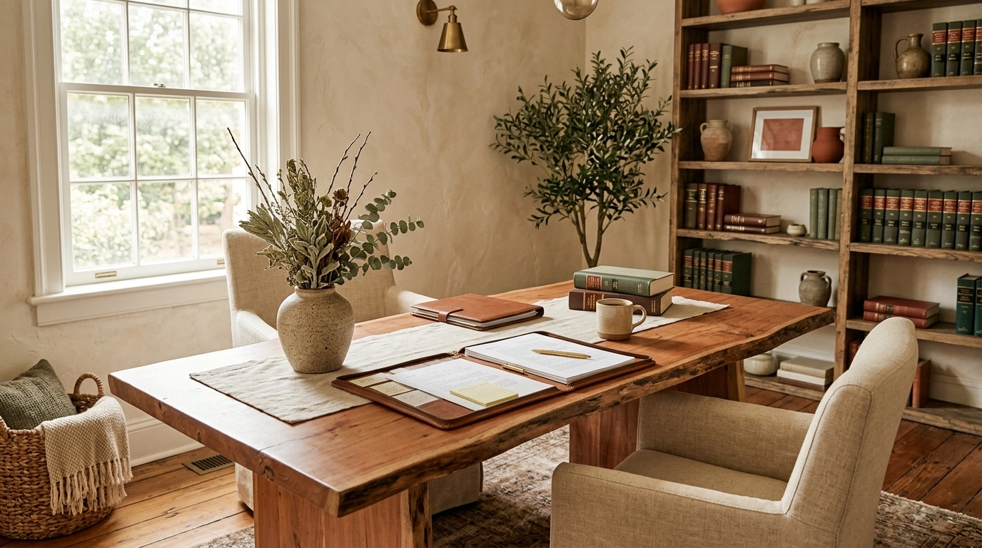 Business Boho child support modification consultation table in a Fredericksburg law office with terracotta sage and cream styling