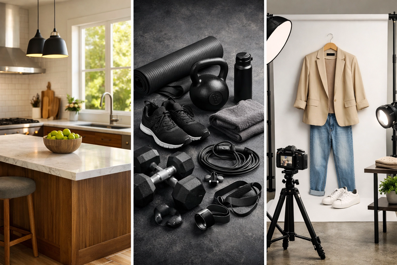 Three business niches using video marketing: real estate kitchen, fitness gear, and e-commerce products