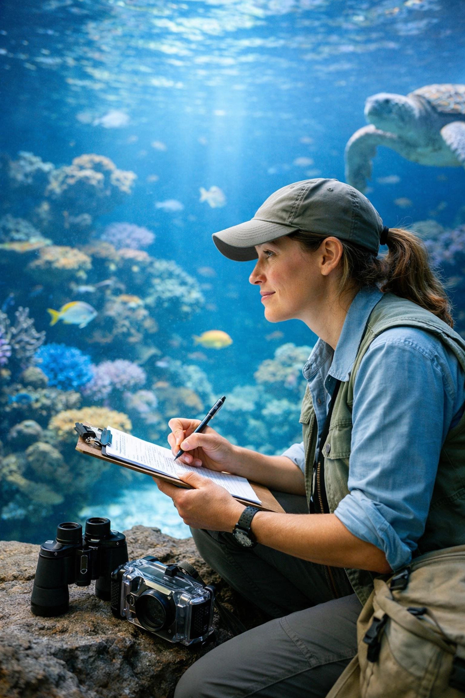 Conservation researcher documenting marine life at aquarium coral reef exhibit for ESG campaign