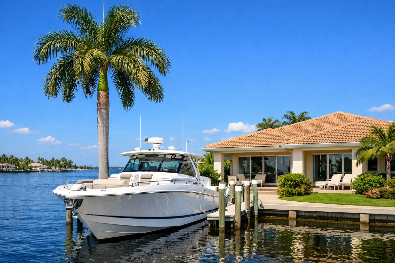 Direct access waterfront home in Southeast Cape Coral with a boat docked at a private pier.