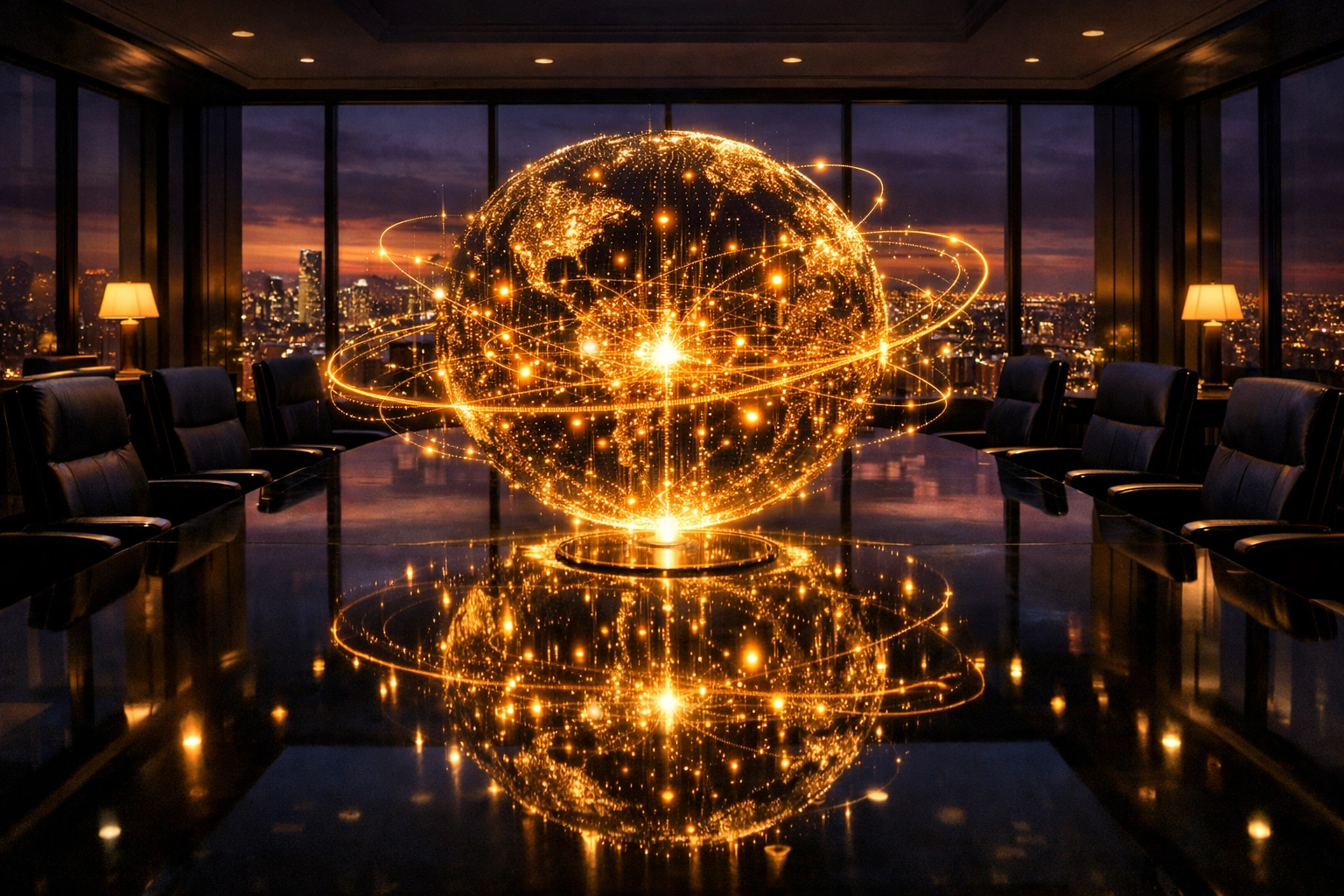 Global data ecosystem hologram in a boardroom representing advanced analytics for executive decision-making.