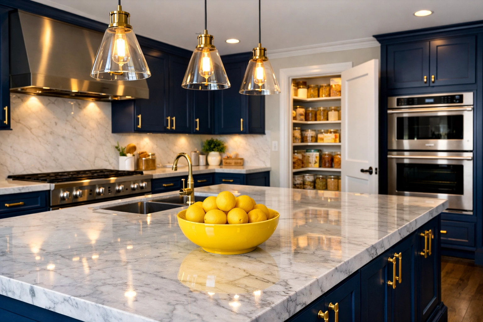 Spotless luxury kitchen with marble countertops following weekly house cleaning in Leominster MA.