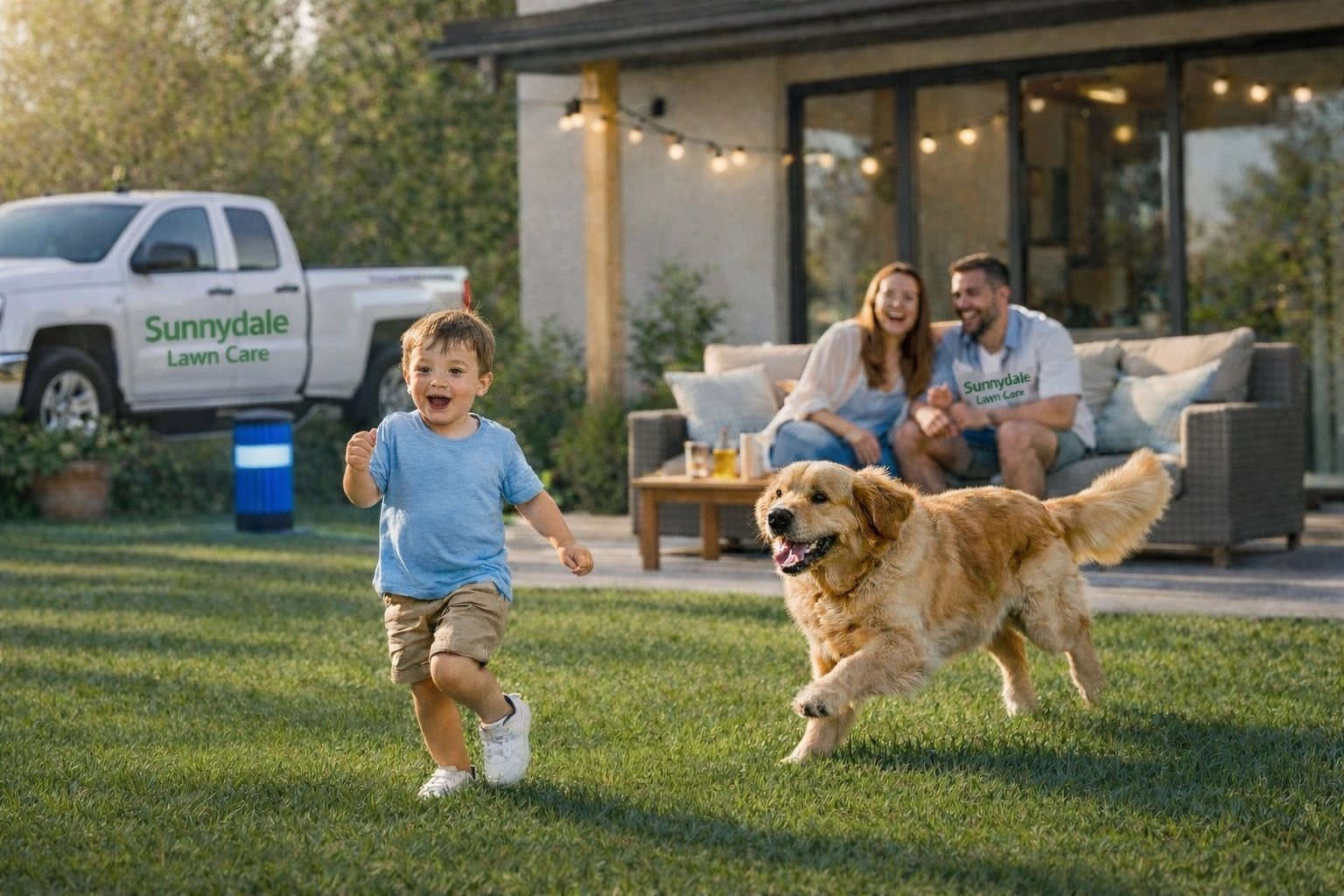 A happy family and dog enjoying a lush green backyard after mosquito control treatment has dried.