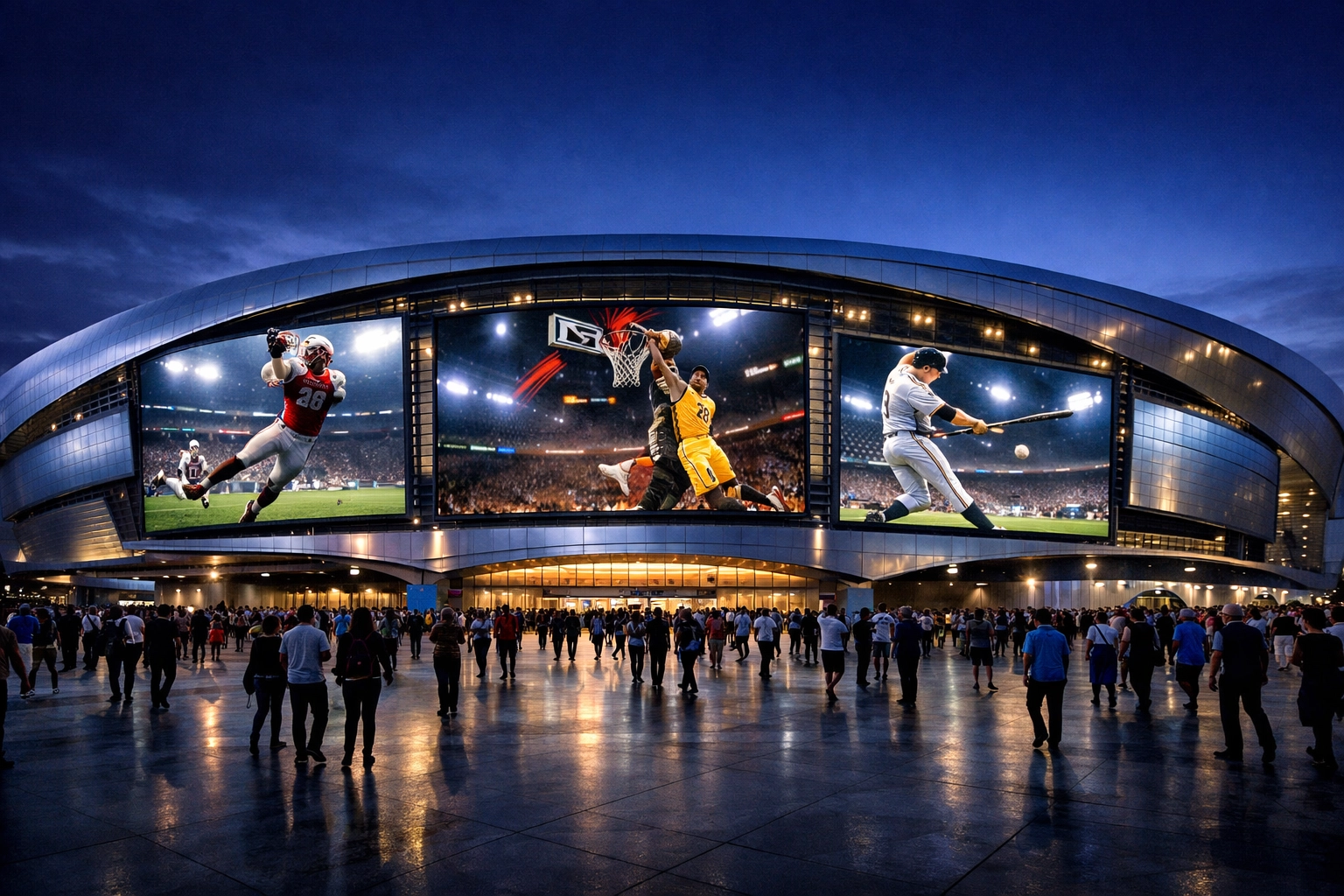 Wide view of a modern stadium exterior featuring large digital out-of-home advertising displays at sunset.