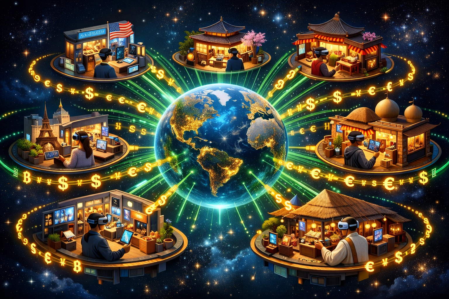 Global metaverse commerce network showing borderless crypto payments connecting virtual storefronts worldwide