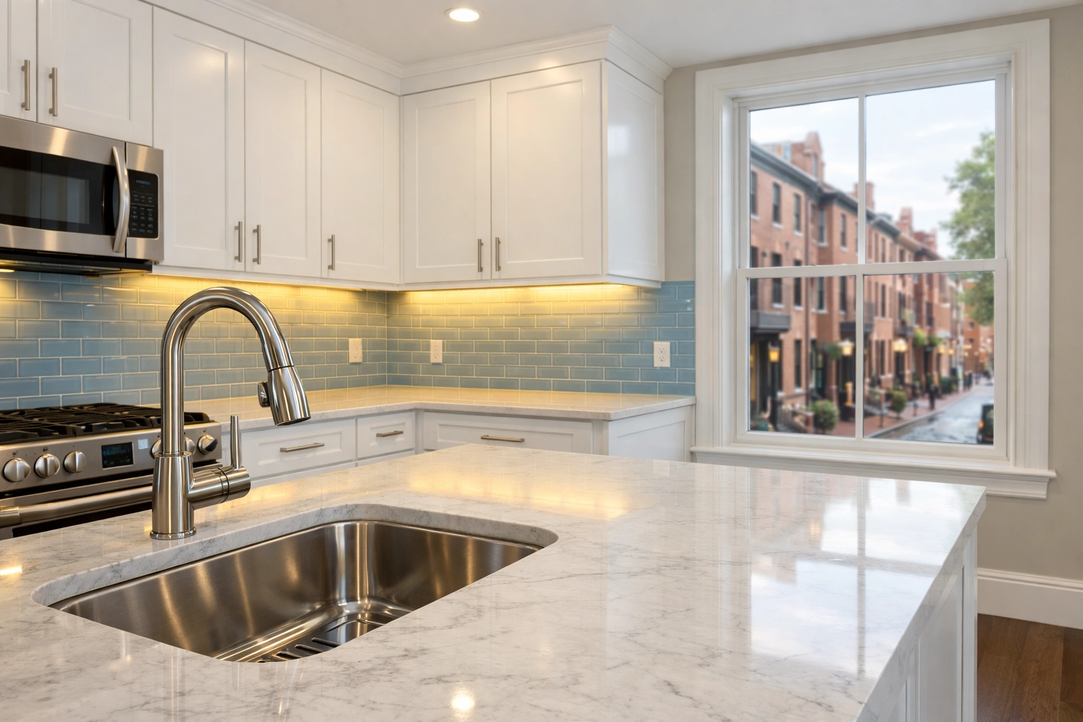 Empty modern kitchen with clean countertops after move-out cleaning in the Boston area