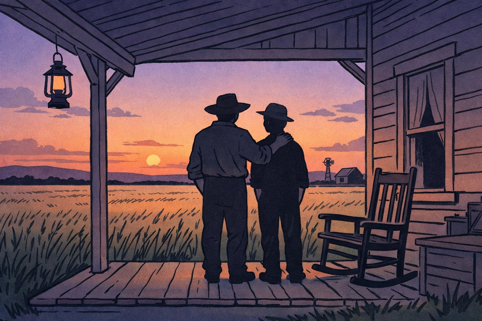Two men on Kansas farmhouse porch at dusk gay historical romance 1880s prairie