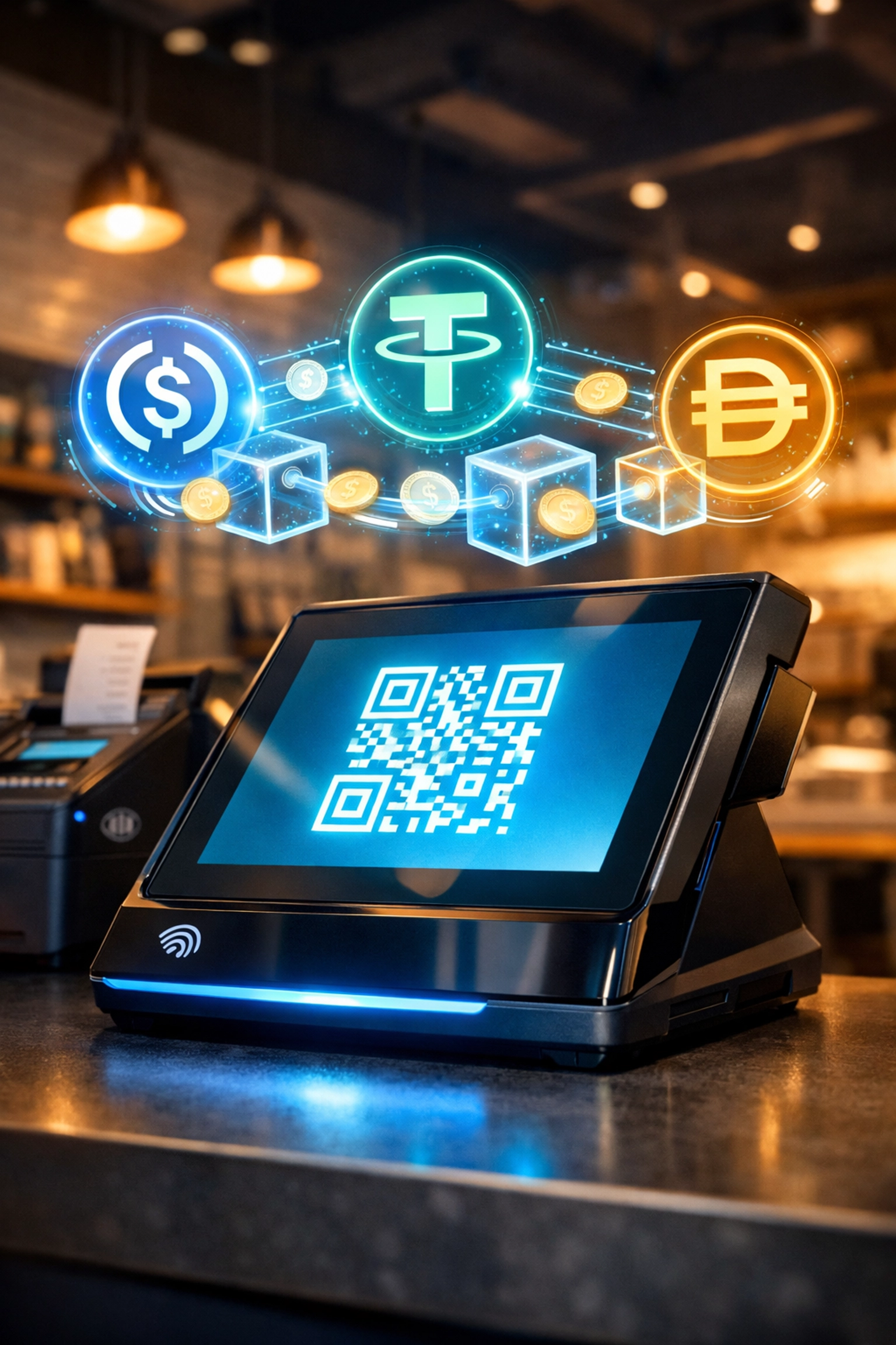 Crypto POS terminal displaying QR code for stablecoin payments in small business retail setting