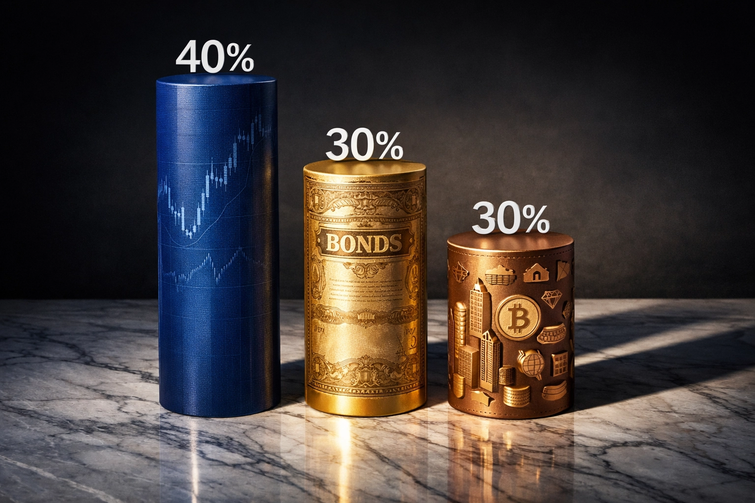 40/30/30 portfolio model showing allocation: 40% equities, 30% bonds, 30% alternatives with Bitcoin