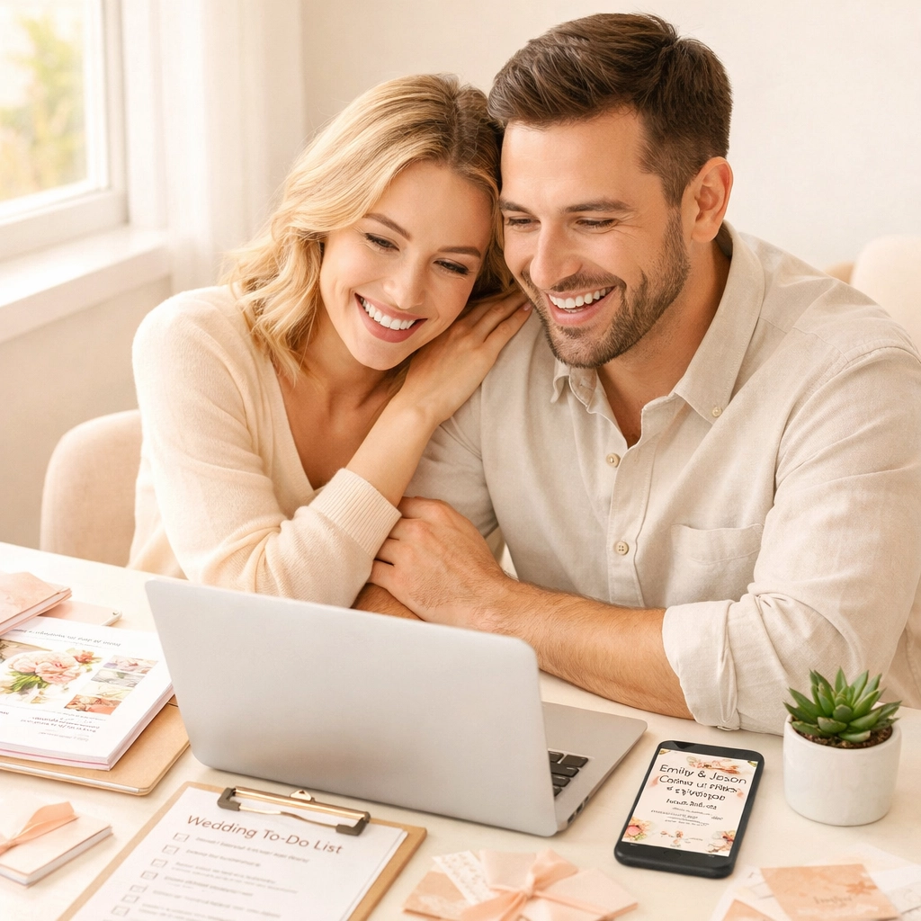 Engaged couple planning wedding online with digital invitations and funding tools on laptop