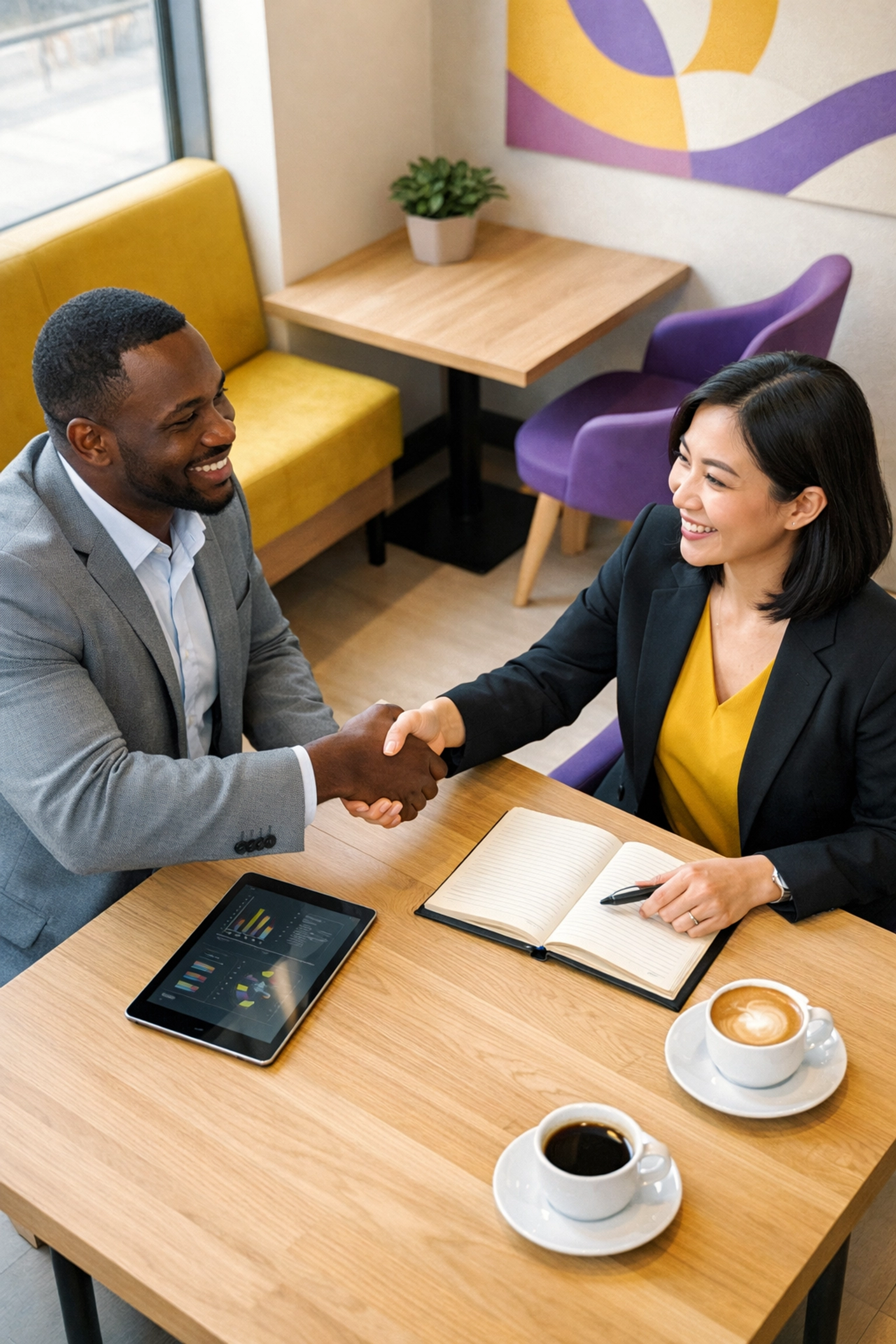 Business professionals shaking hands to establish local partnerships for effective lead generation.