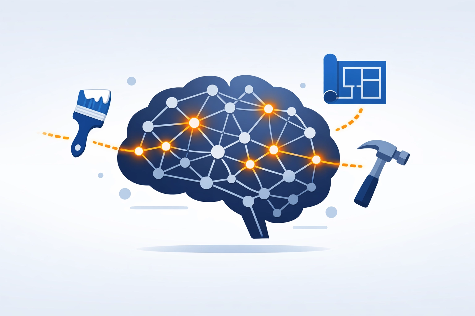 AI brain icon surrounded by remodeling tools, representing GEO and AI optimization for home service businesses.