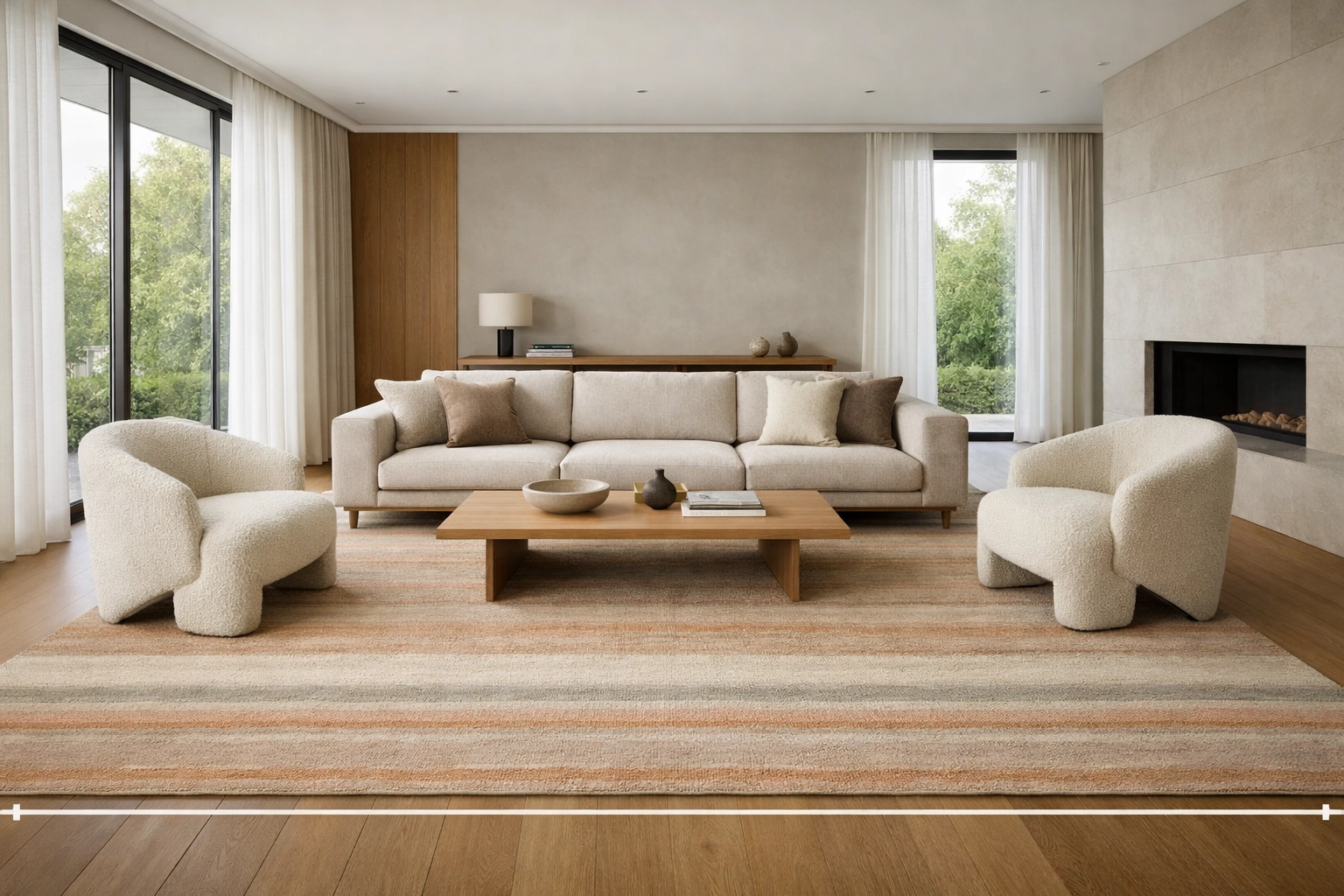 Custom flatweave rug properly sized under living room furniture in modern interior