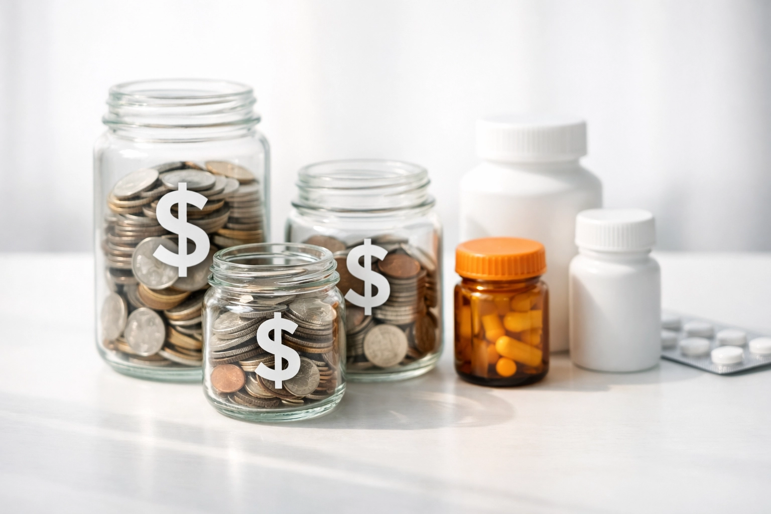 Cost comparison of weight loss medication options with coins and prescription bottles