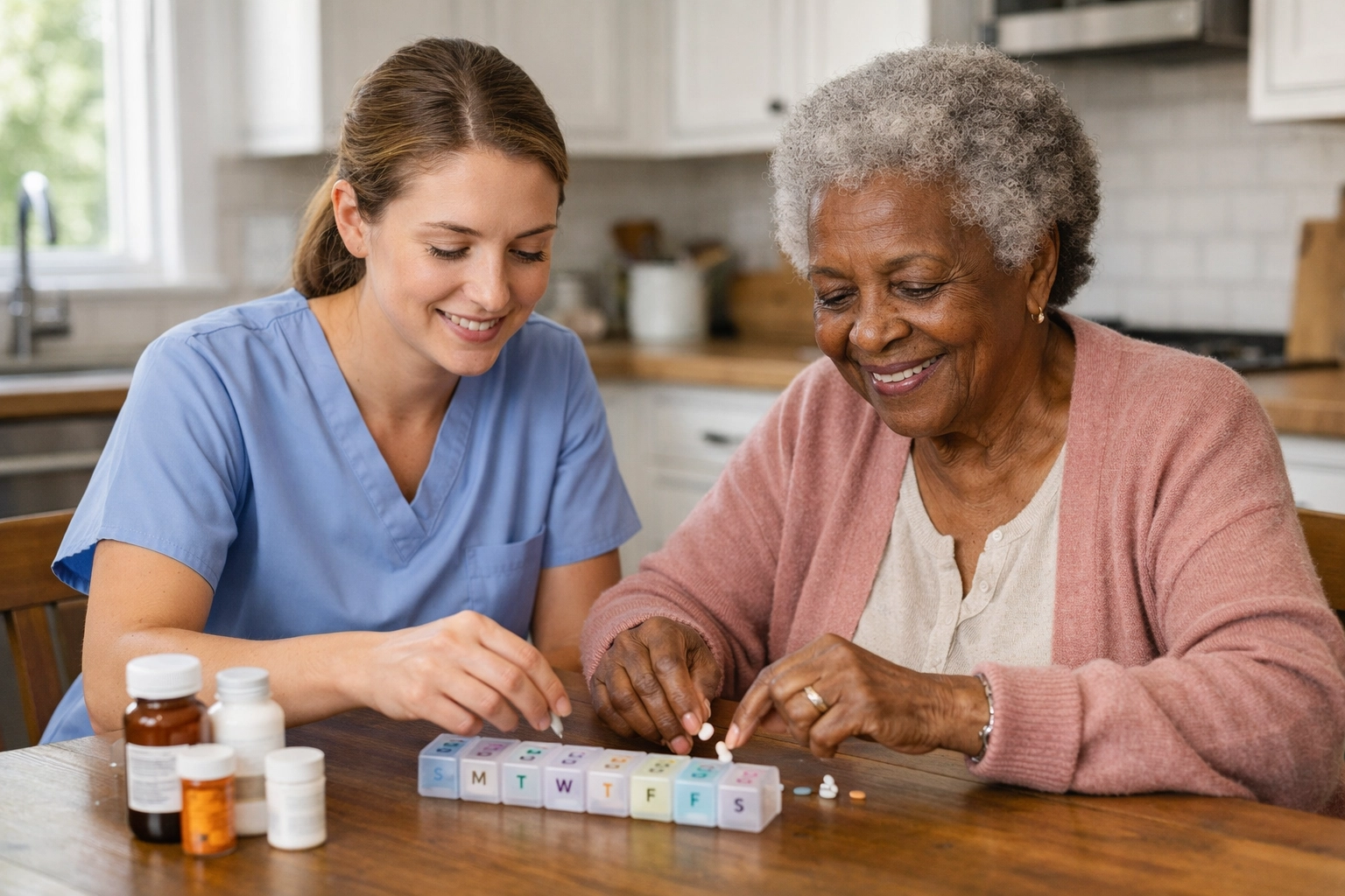 Trained caregiver organizing medication with elderly client in non-medical home care setting