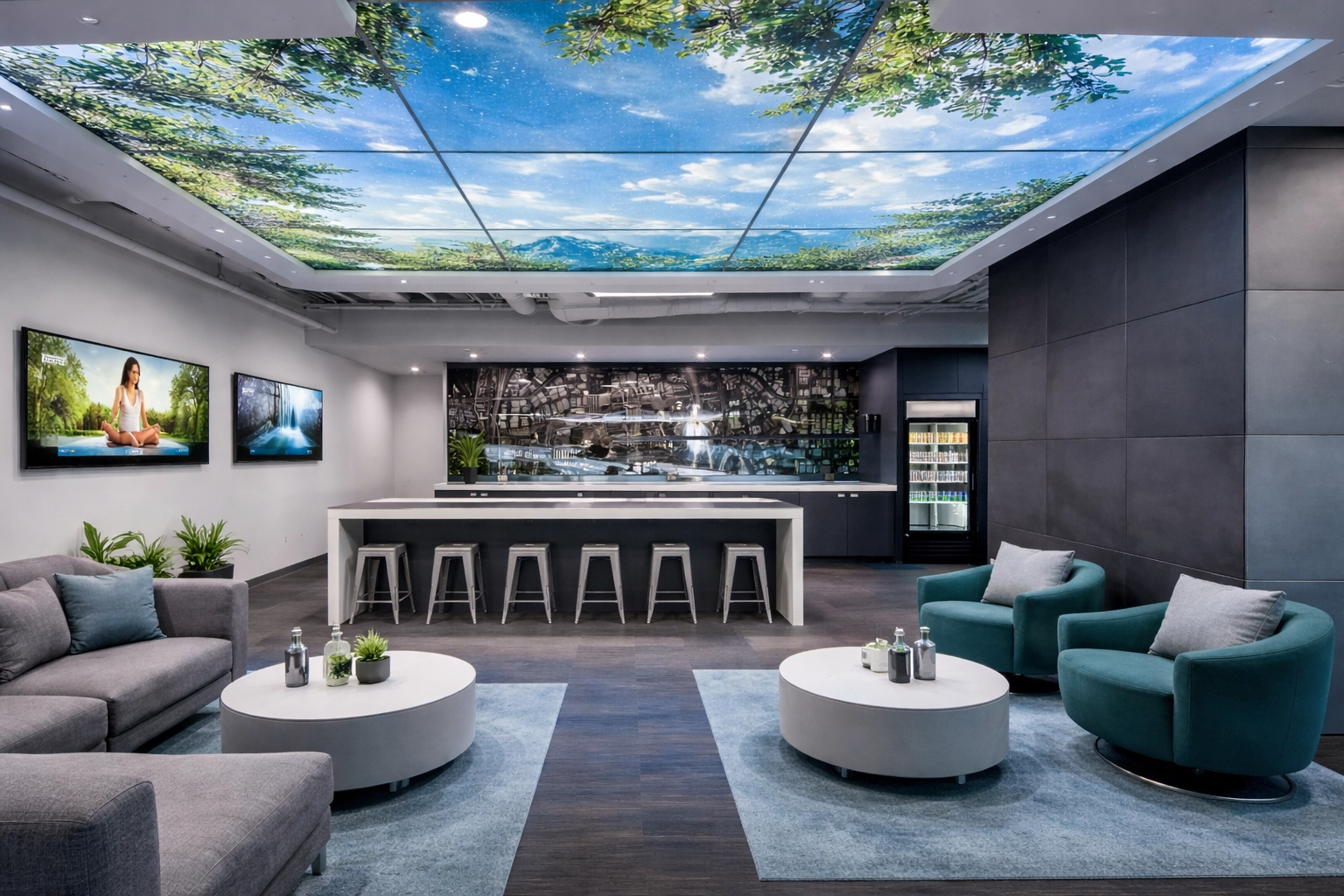 Gym wellness room digital signage supporting immersive fitness recovery and Digital SkyLites fitness center experiences