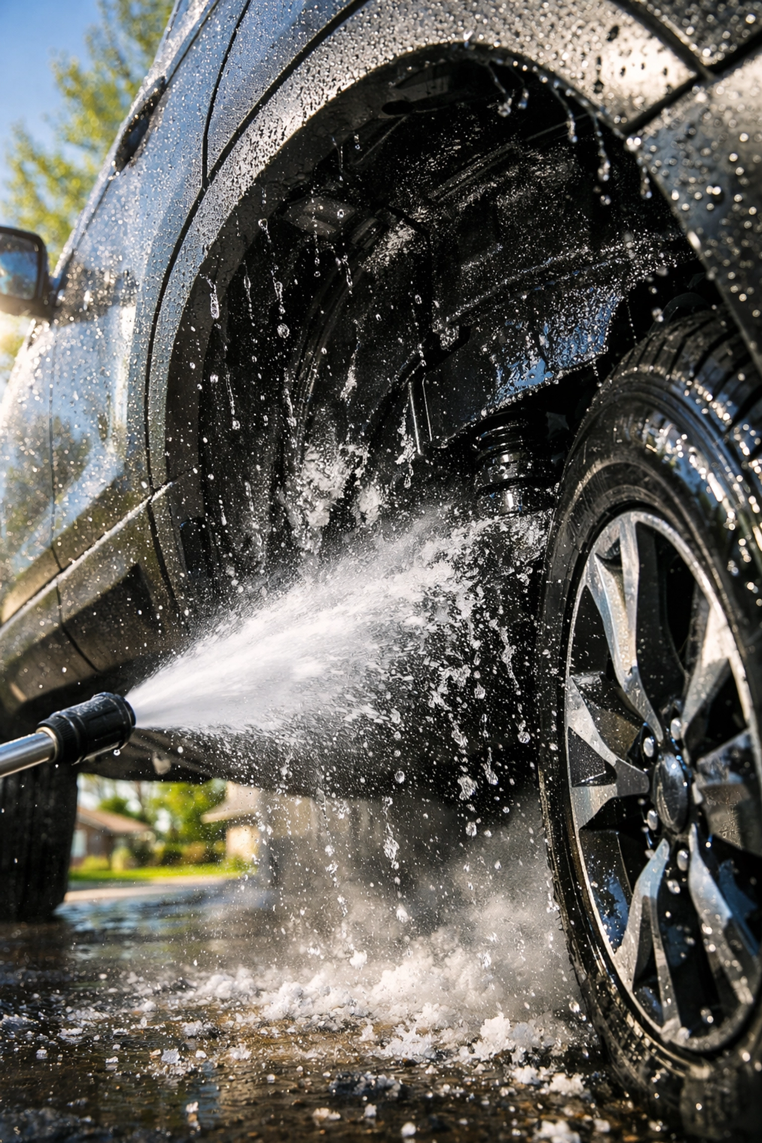 High-pressure water washing road salt from an SUV for professional car maintenance in Hillsdale, MI.