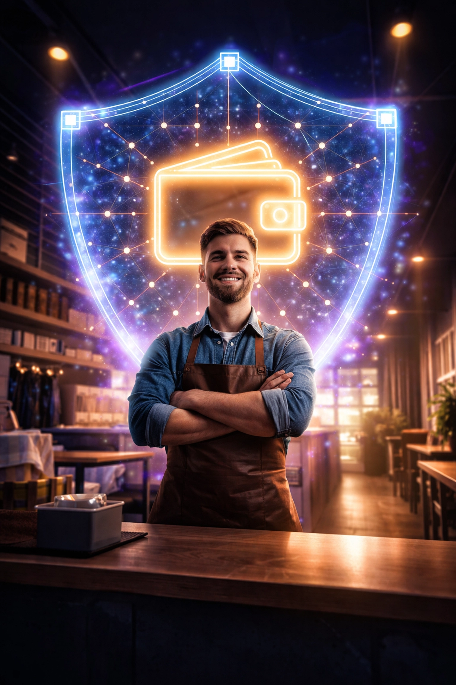 Confident small business owner with secure self-custody crypto wallet for merchant payment processing