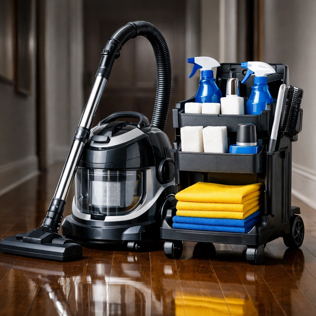 Professional cleaning equipment and vacuum ready for weekly house cleaning Millbury MA service visits.